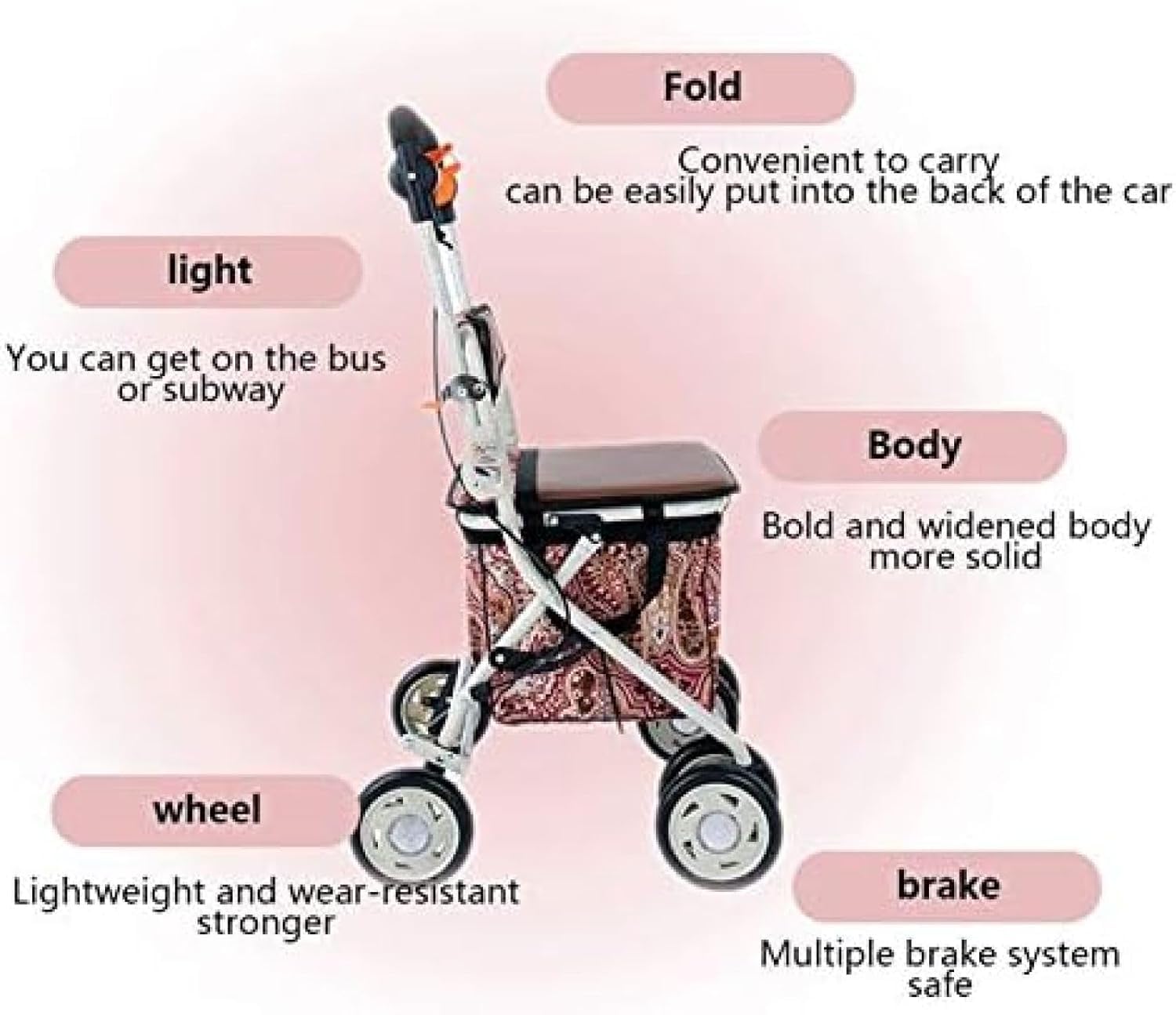 Andador plegable con asiento, ligero, altura ajustable, asiento acolchado, cesta de transporte, frenos bloqueables, fácil almacenamiento y transporte