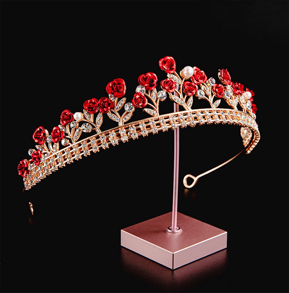 Glitter Red Rose Tiara with Rhinestones & Pearls Bride Princess Floral Crown Headpiece for Wedding Party, and Special Events - Image 3