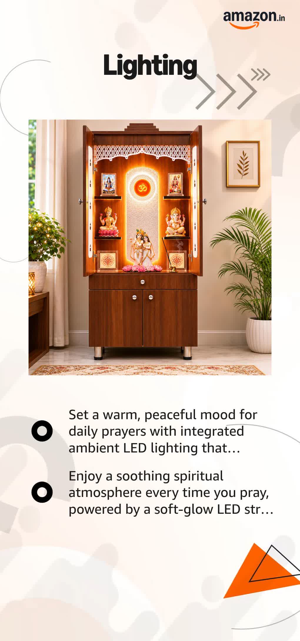 Wooden Mandir with Doors in Walnut Color with Cabinet and Ambient