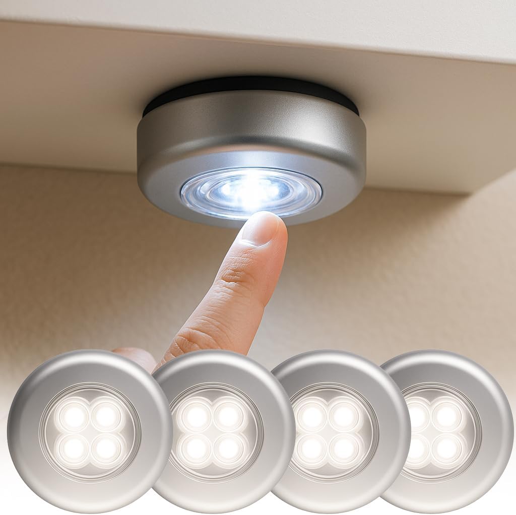 4 Pcs Touch Tap Light with 4 LED Wireless Stick On Push Light Operated Night Light for Closet Cabinet Car Home