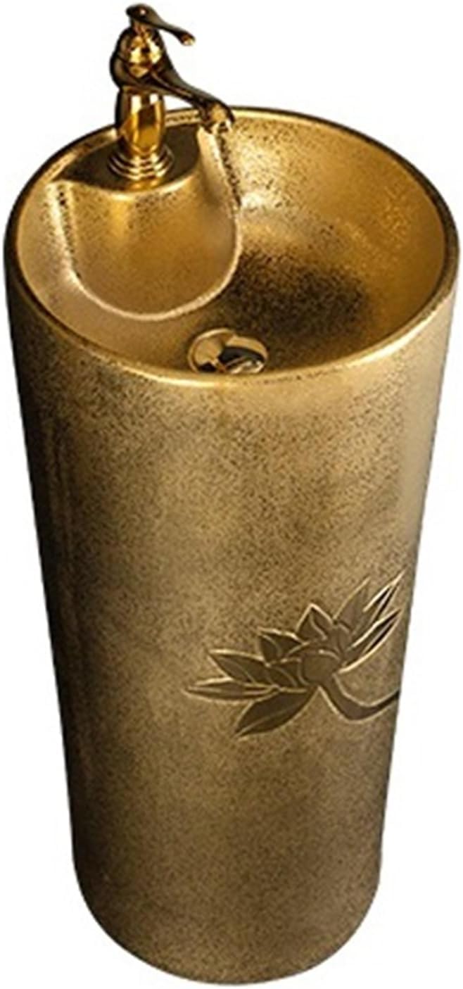 Wash Basin Sink Floor Standing Golden Pedestal Sink with Lotus Relief, Floor Standing Bathroom Vanity Sink Electroplated Gold Washbasin, One Piece Ceramic Bathroom Sink F,A-One Size