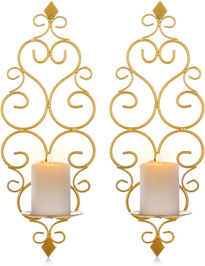 Wall Candle Sconce Holder Set of 2 Hanging Wall Mounted Pillar Candle Sconces Holder, Wall Sconces Decor for Bedroom Dining Room Living Room Bathroom (Gold)