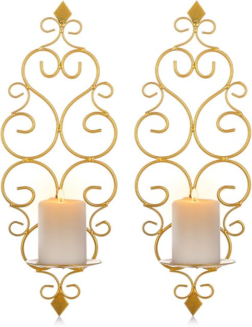 Sziqiqi Iron Wall Candle Sconce Holder Set of 2 Hanging Wall Mounted Pillar Candle Sconces Holder, Wall Sconces Decor for Bedroom Dining Room Living Room Bathroom, Gold