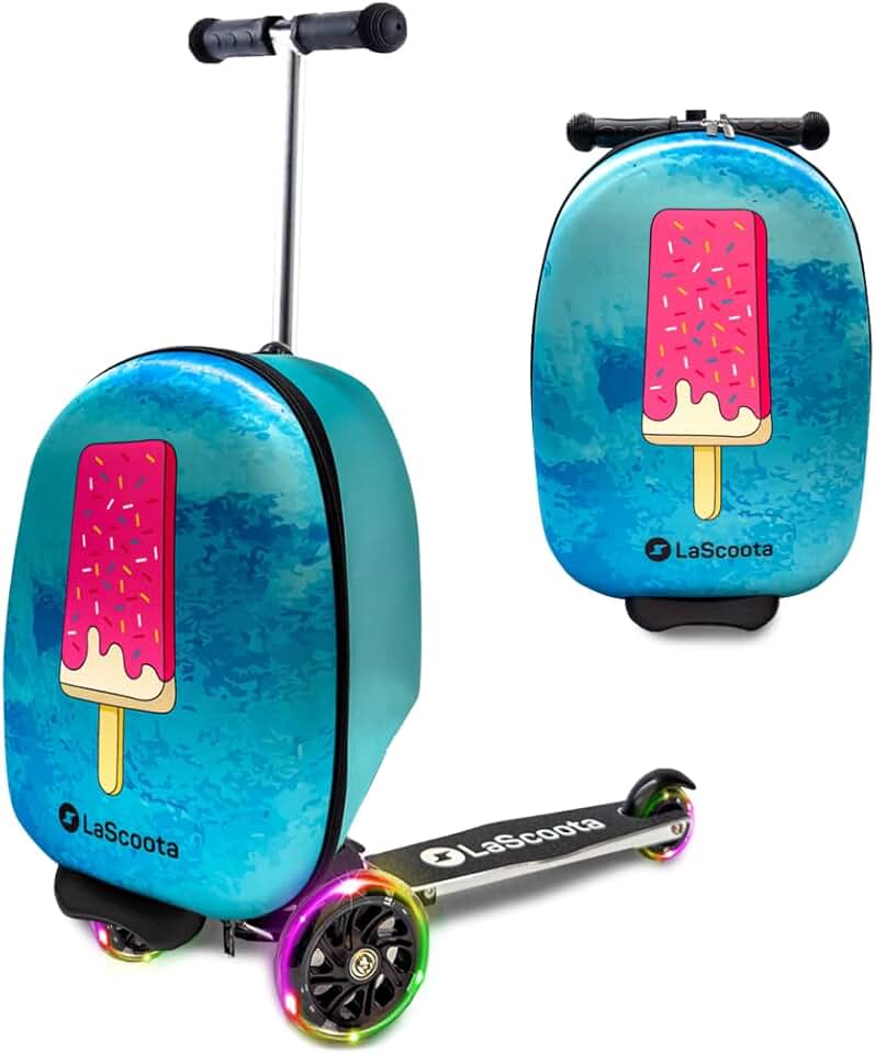 Lascoota Mala de scooter, bagagem dobrável para crianças – Leve para crianças com rodinhas e luzes LED – Mala de viagem gráfica para crianças