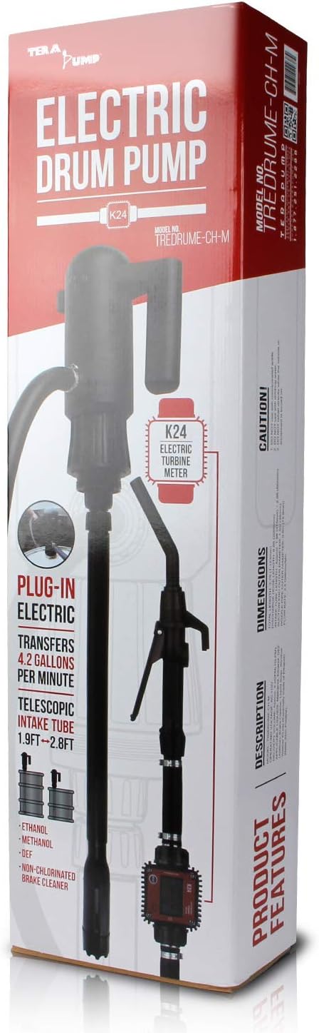 TERA PUMP Electric 55 Gal Drum Pump - Chemical Resistant Pump & Flow Meter for Methanol, Ethanol, DEF, Window Washer Fluid, Water, Transfers 4.2 GPM