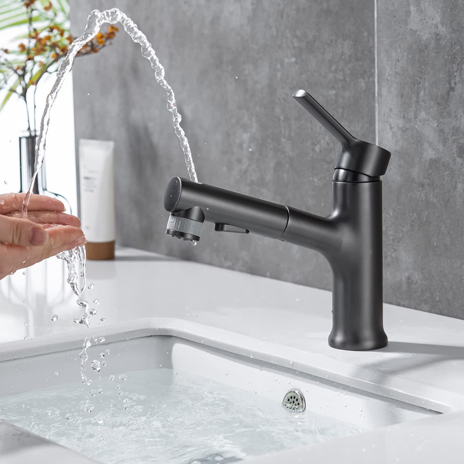 Grifos De Lavabo con Rociador Extraíble, Grifos De Lavabo con Filtro Antisalpicaduras para Agua Caliente Y Fría, Color Oro Cepillado.(Grey)