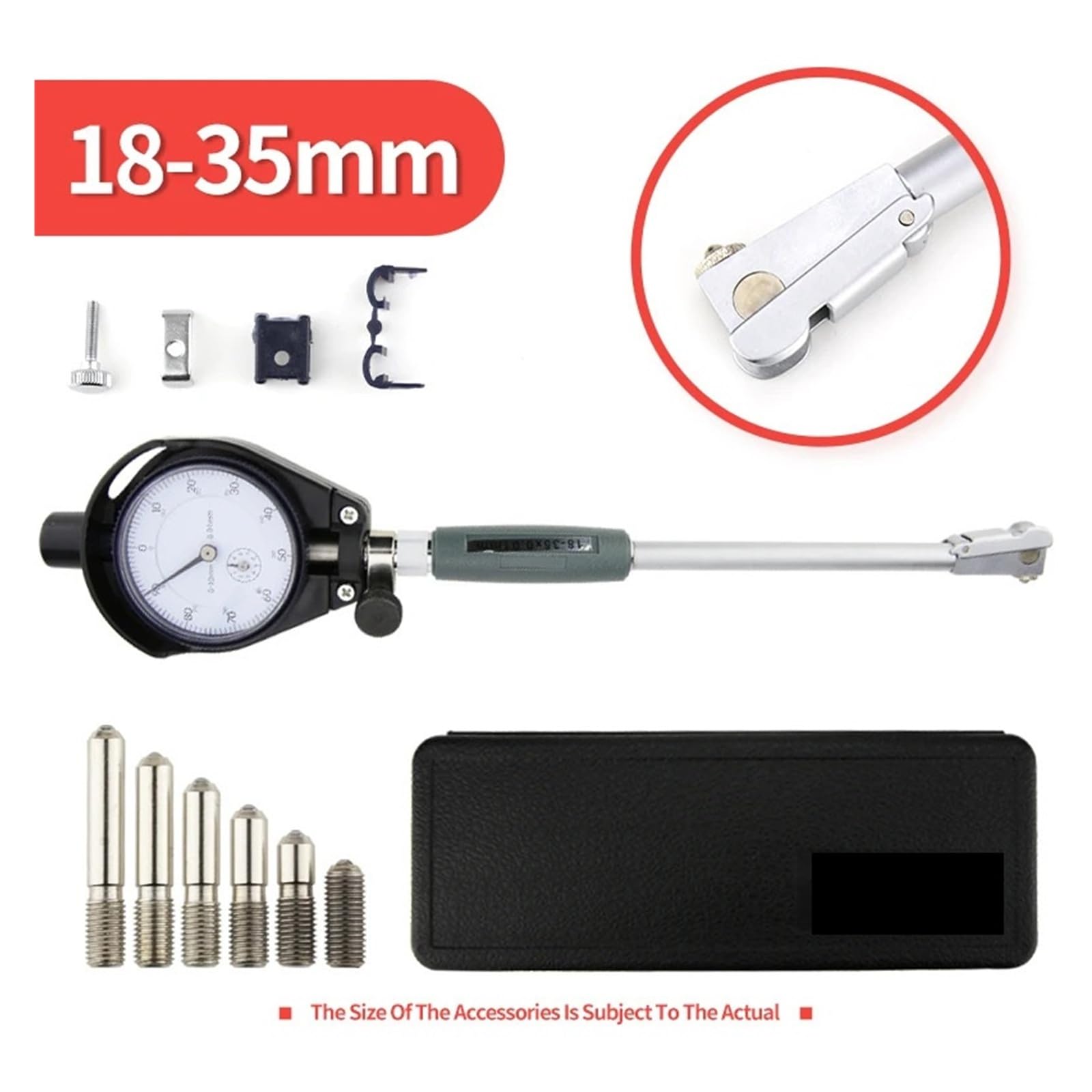 Dial Bore Gauge Inner Diameter Measuring Rod Micrometer Tool Hole Indicator Set 15-35-50-160mm(18-35mm Black Dial)