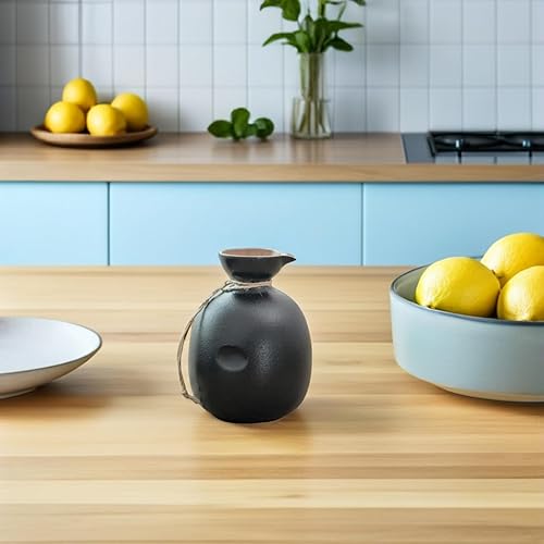Vista 6 de Yardwe Jarra de vino de cerámica, botella de sake japonés para uso doméstico, elegante diseño de cerámica negra, reutilizable, vajilla decorativa