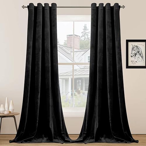 SMILETIME Black 108 in Long Velvet Curtains with Grommet, Thermal Insulated Super Soft Privacy Noise Reducing Light Filtering Velvet Curtains for Living Room, 2 Panels, Each 52 x 108 inches Long