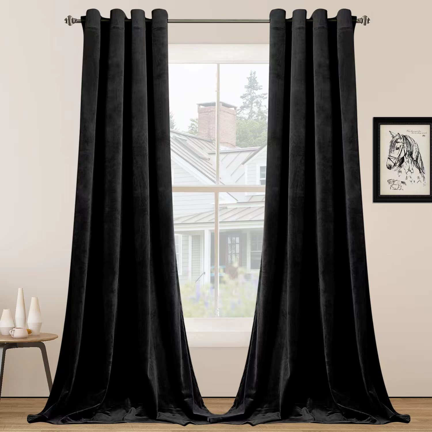 SMILETIME Black Velvet Curtains with Grommet, Thermal Insulated Super Soft Privacy Noise Reducing Blackout Velvet Curtains for Living Room, 2 Panels, Each 52 x 108 inches Long