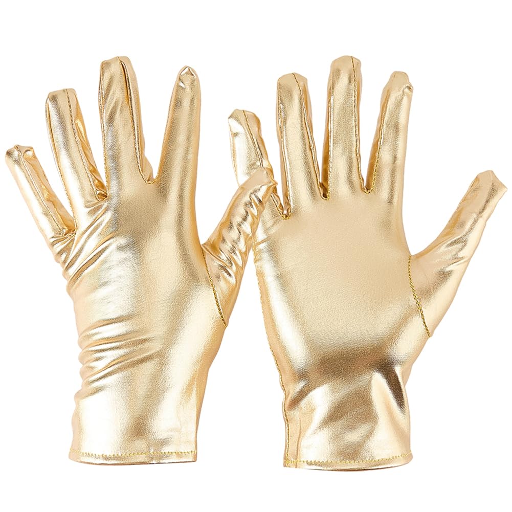 CALFOVERA Gold Metallic Full Finger Gothic Punk Rock Stage Gloves for Men Opera Full Hand Princess Evening Stretch Gloves Shiny Leather Mitten for Women Halloween Costume Party Cosplay
