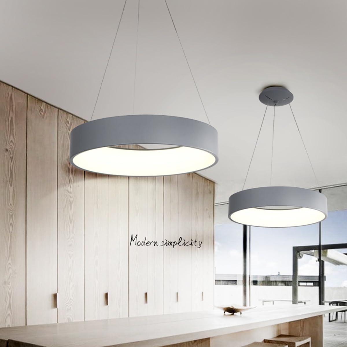 Nowoczesne okrągłe oświetlenie wiszące LED z pilotem 3000K-6500K Lampa wisząca Regulowana wysokość oświetlenie sufitowe do salonu Biuro Jadalnia Kuchnia Żyrandol (szary, L80cm)
