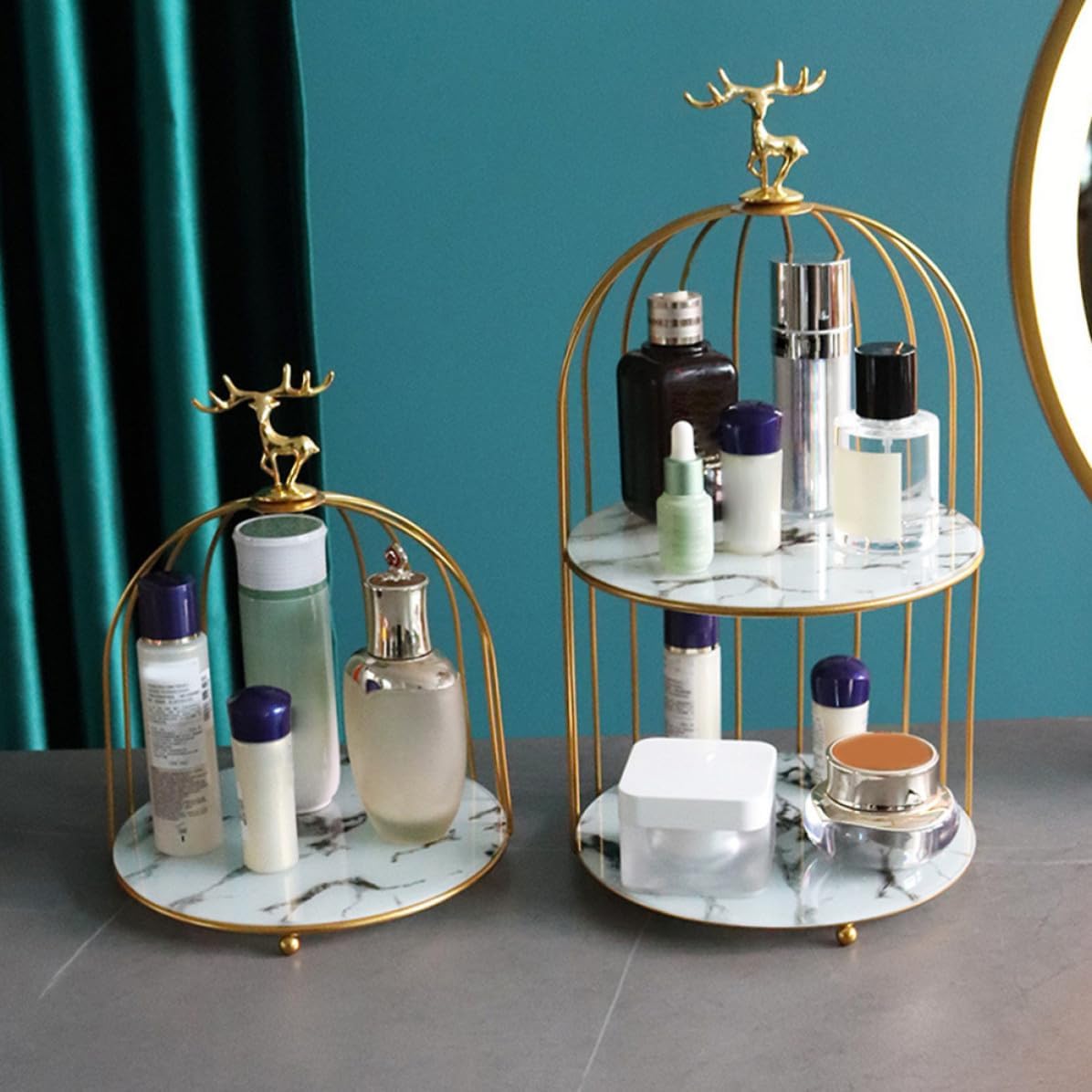 Golden Metal Birdcage Makeup Organizer Display Rack with Double Layers, Multi-purpose Cosmetics Storage Stand for Decorating Dresser and Jewelry Display, Unique Textured Bathroom image 5