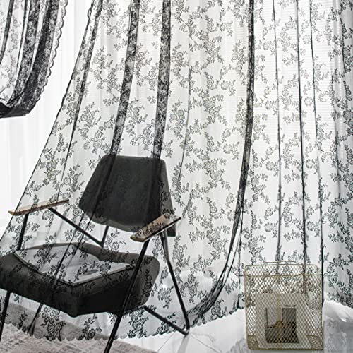 Sutuo Home Black Lace Curtains 63 Inches Length 2 Panels Set, Sheer Shabby Chic Gothic Retro Florals Vintage Voile Window Treatment Pair For Bedroom/Living Room/Halloween Decor Rod Pocket W57 X L63 #TOP1