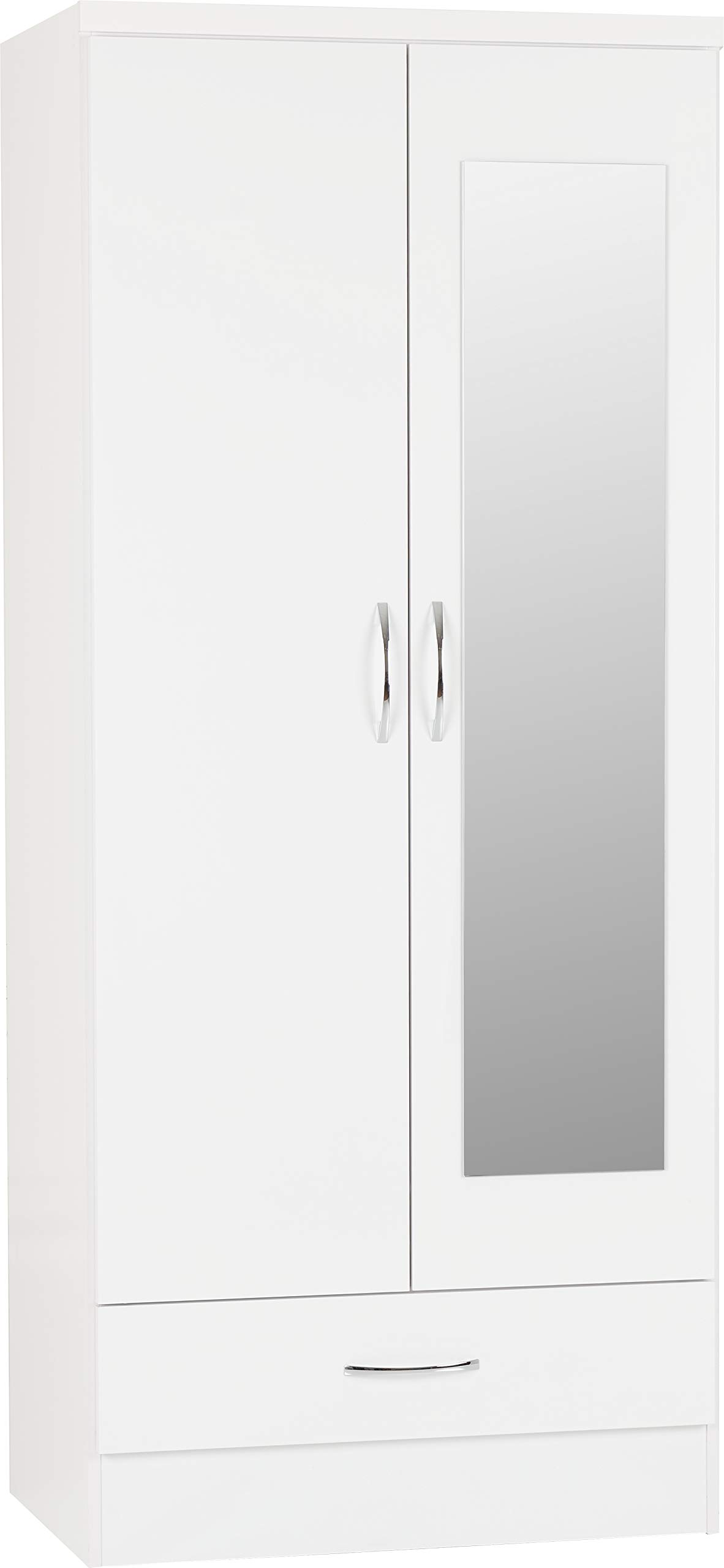 Seconique Nevada White Gloss Mirror Wardrobe - 2 Door - Single Drawer