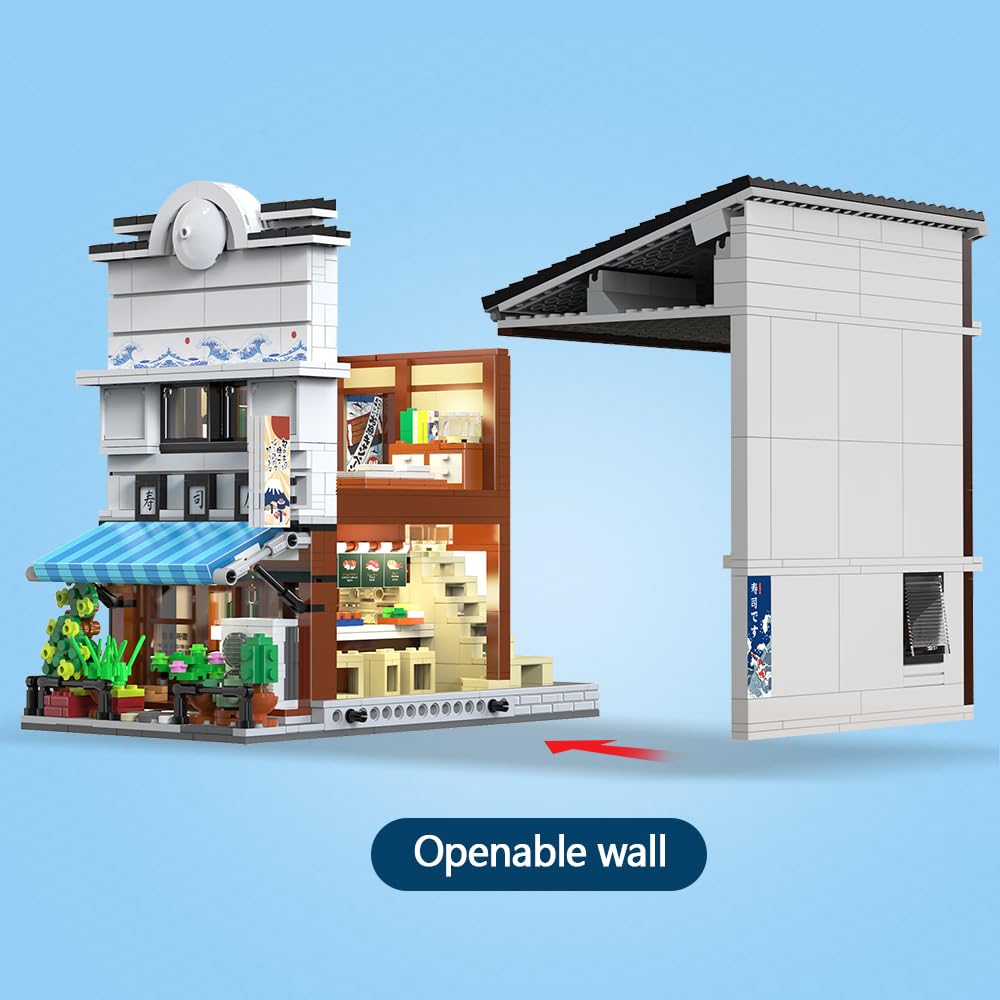 CaDA Master Japanisches Sushi-Haus Bausteinset C66018W Kreativer Stadtbaustein-Bausatz mit Beleuchtung, 1665 Teile Straßenhaus-Idee Geschenk für Erwachsene