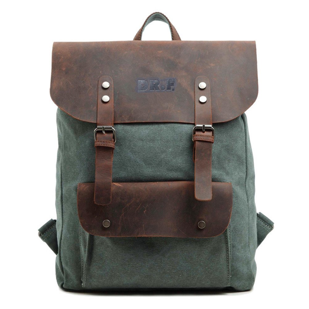 DRF Mochila Lienzo Piel Vintage para Portátil 15.6'' Mochila Casual de Viaje BG40 (Verde)