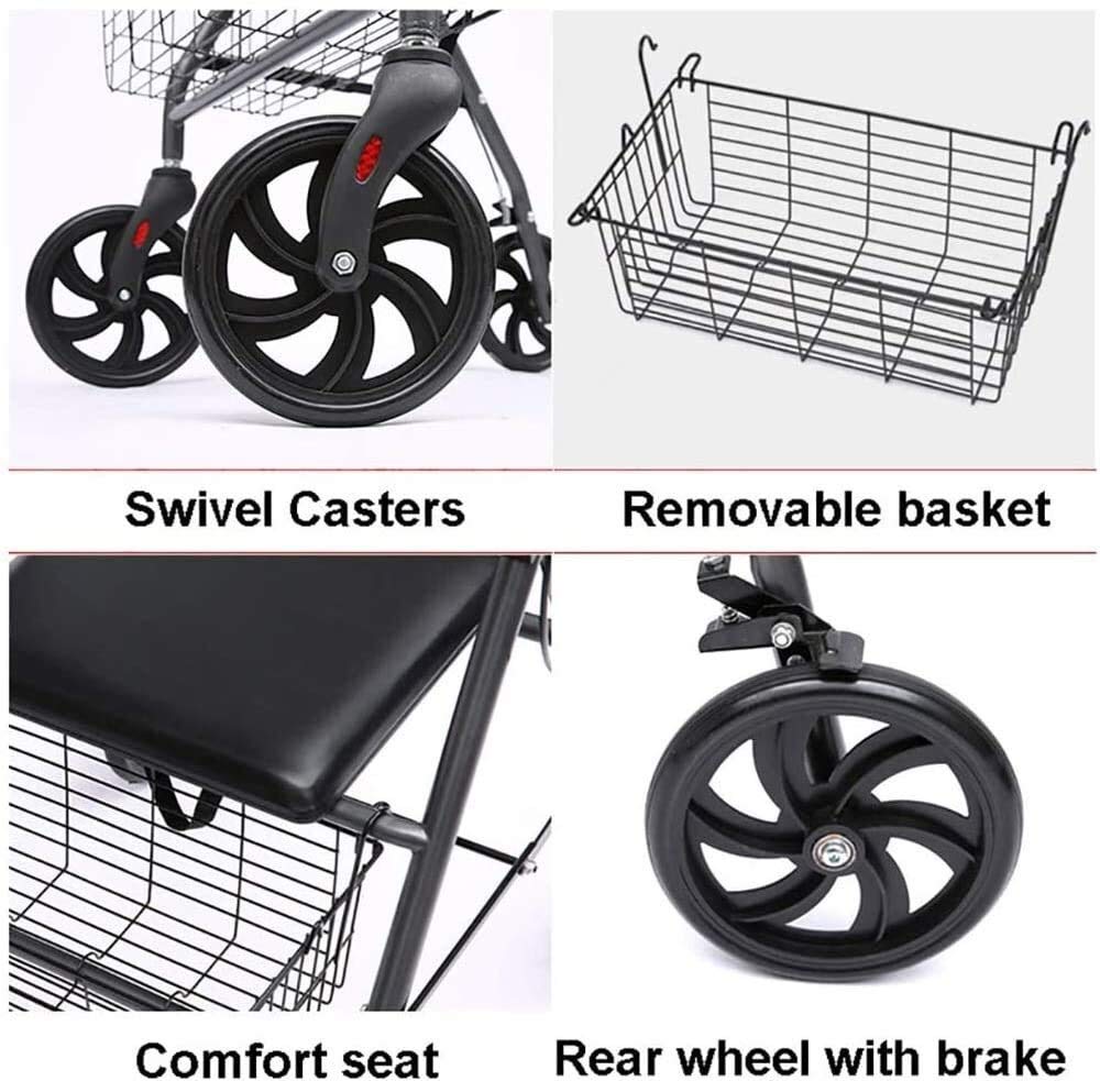 Seniors Rollator aluminiowy czterokołowy rollator pomoc w chodzeniu, kosz na siedzenie i zakupy, regulowana wysokość, lekka i bezpieczna konstrukcja