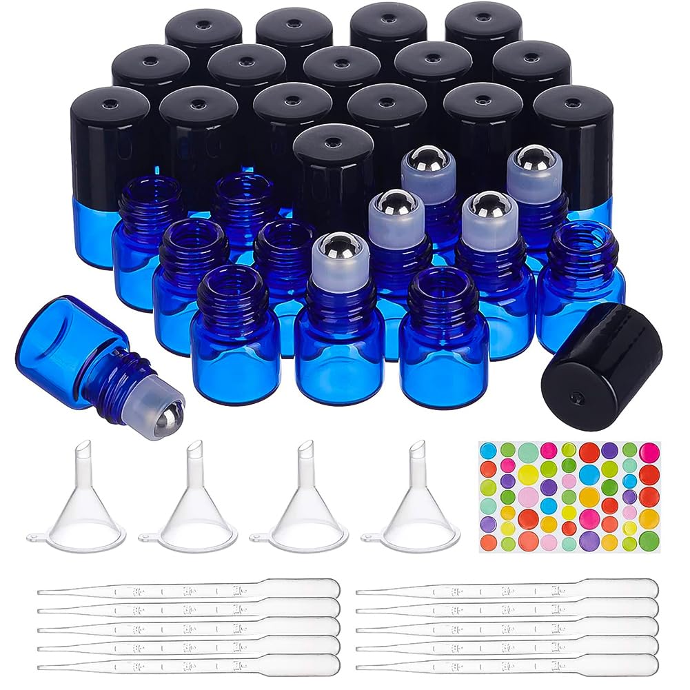 BENECREAT 30 Pack 1ml Bleu Bouteilles à rouler en verre Flacon roll-on d'huiles essentielles avec des billes à rouleaux en acier inoxydable