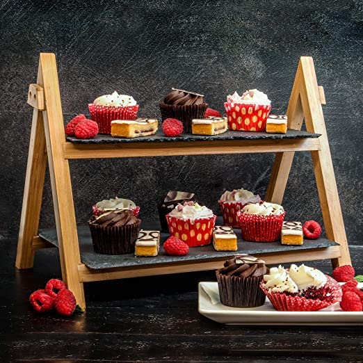 2 Tier Slate Cake Stand Wedding Tiered Serving Display Stand Food Antipasti Tapas Sushi Appetizer Cheese Boards Platter Bamboo Stand