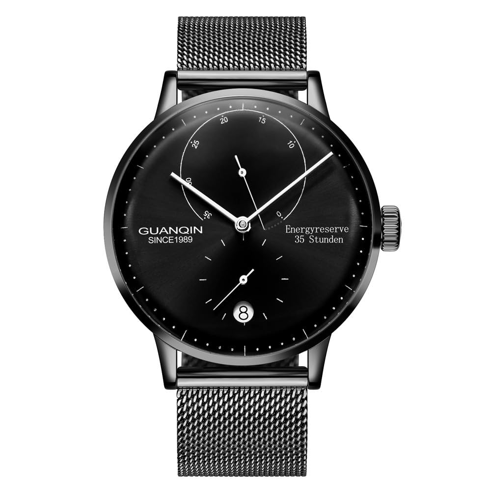 Guanqin Herren-Armbanduhr, Vintage, automatisch, selbstaufziehend, mechanisch, Saphirglas, Business-Kalender, Energiereserveanzeige, wasserdicht, Edelstahl, Lederarmband