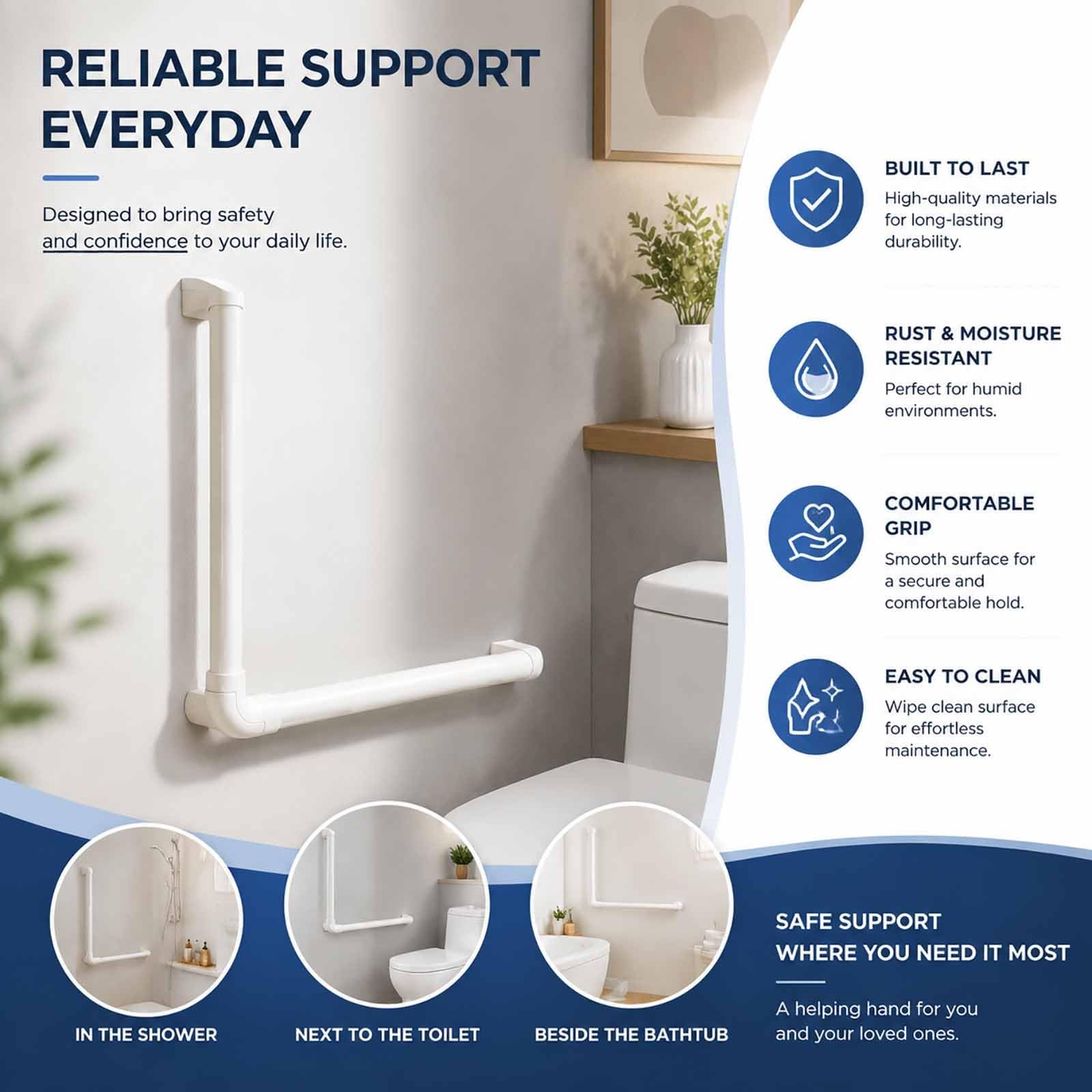 Barras De Apoyo para Baño, Asa De Ducha Antideslizante De Alta Resistencia, con Forma De L, De Montaje En Pared, para Esquinas De Baño, Uso Interior.(64cm)