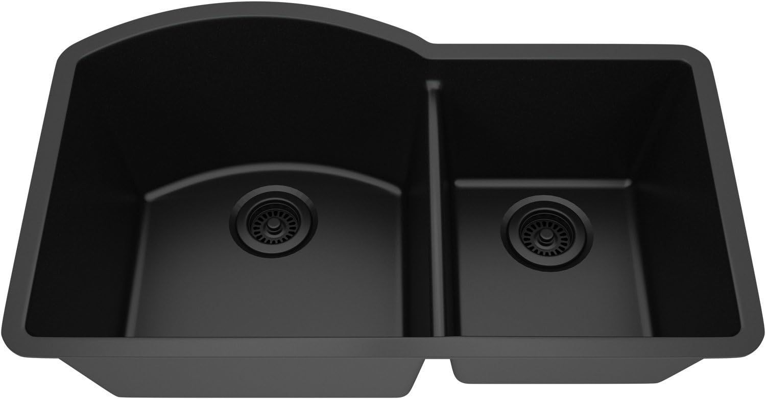 32" x 20" Quartz Kitchen Sink, 70/30 Double Bowl Kitchen Sinks, Drop in sink, Undermount Sink, Galaxy Black Kitchen Sink, Double Sink Kitchen, Grids, Strainer and Flange, Lexicon Platinum LP-7030-K