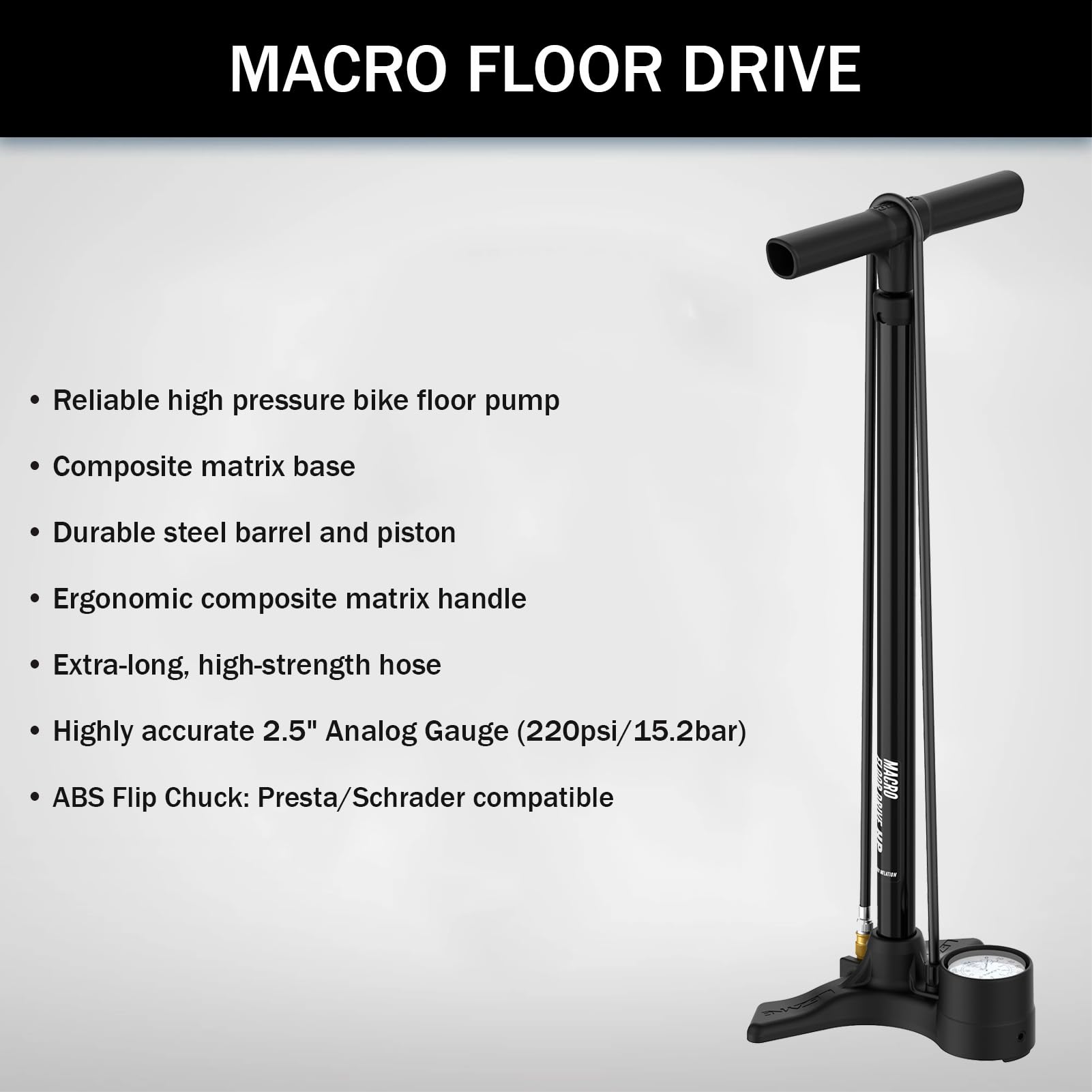 Lezyne 4712805989VAR2 - Pumpe Aluminium inflator stehend Macro Floor Drive 220PSI ABS-1 Chuck