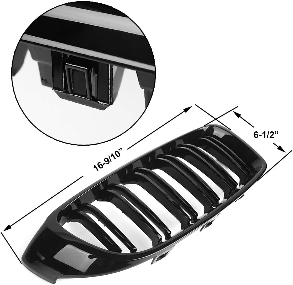 SNA F32 Kidney Grill Fit for BMW 4 Series F32 F33 F36 (2014-2019) F82 M4 F80 M3 (2015-2019) (Black Double Slats ABS Grille, 2-pc Set)