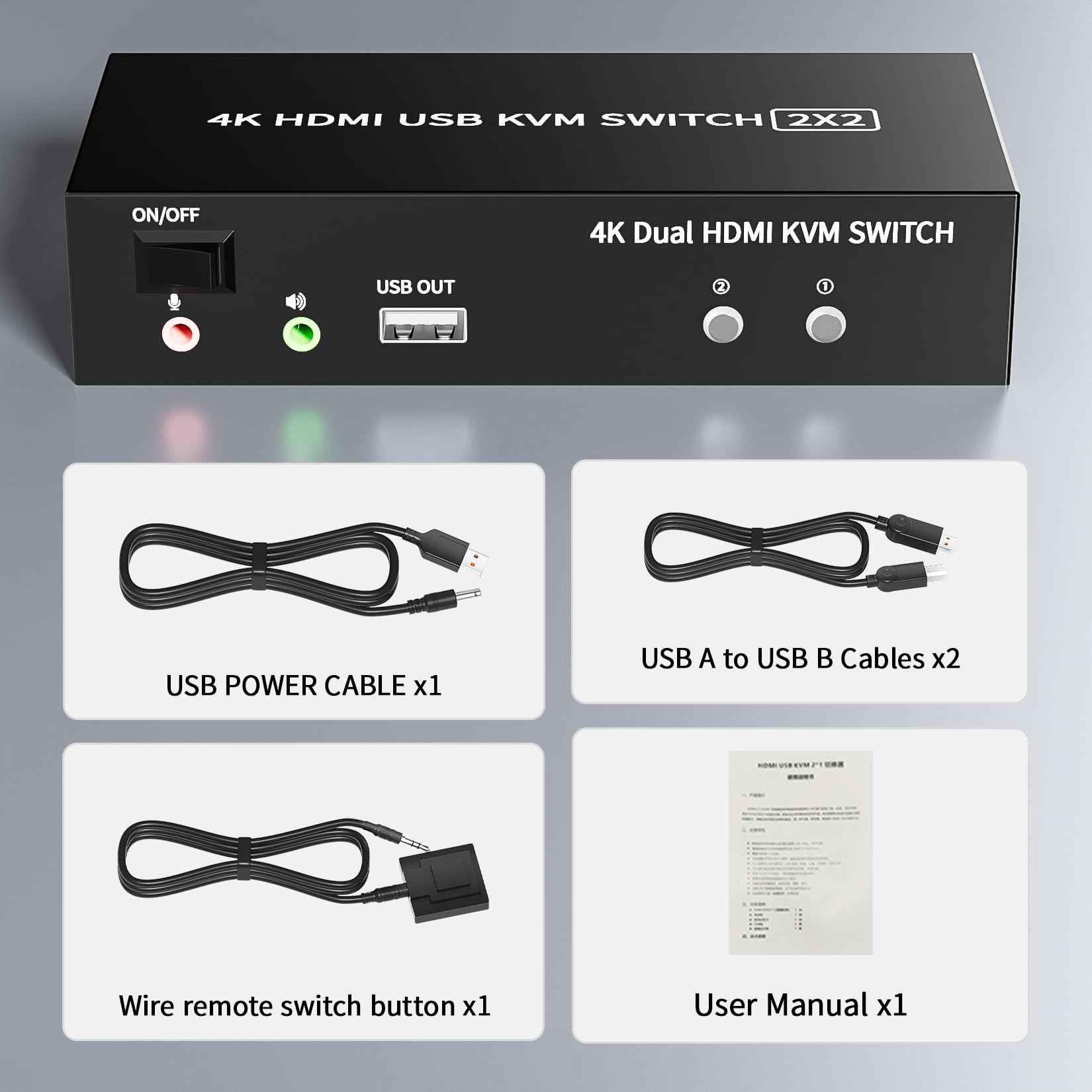 Bolaazul Switch KVM a 2 Porte HDMI USB 4K@60Hz, Dual Port USB 2.0 HDMI 2.0 Switcher 2x2, Tastiera Mouse Peripheral Switcher 2 in 2 Out per 2 PC 2 Monitor