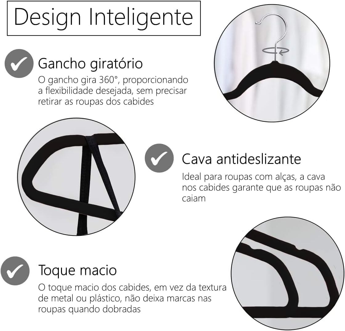 Kit 30 Cabides Veludo Slim Antideslizante Ultra Fino