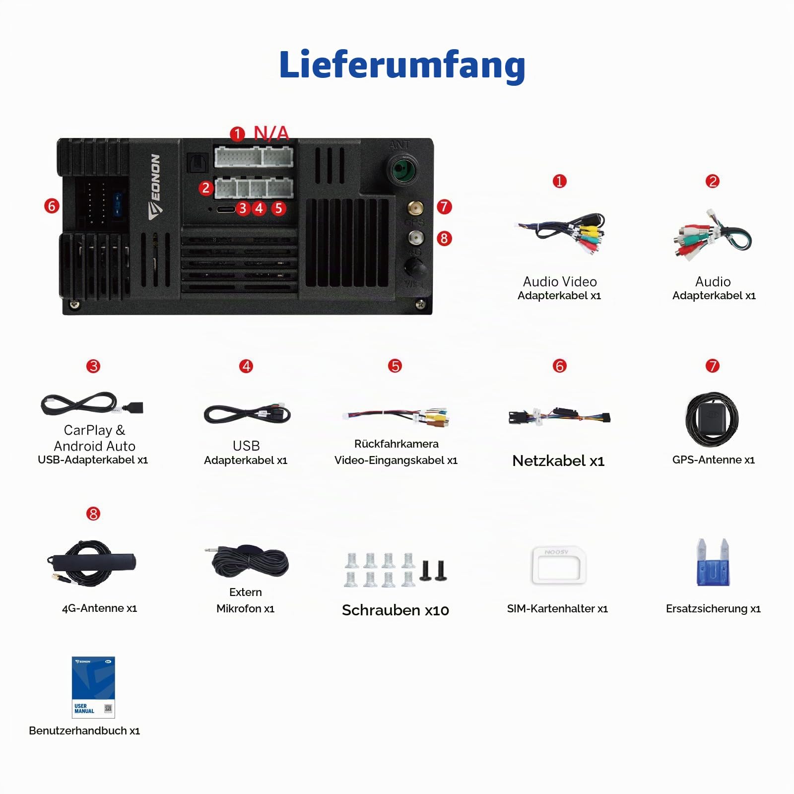 Eonon 10,1 Zoll Android 14 Radio Stereo Double Din GPS 4G LTE CarPlay Android Auto MirrorLink Bluetooth DSP USB SWC Unterstützung Rückfahrkamera Autoradio UX7SK-PLUS