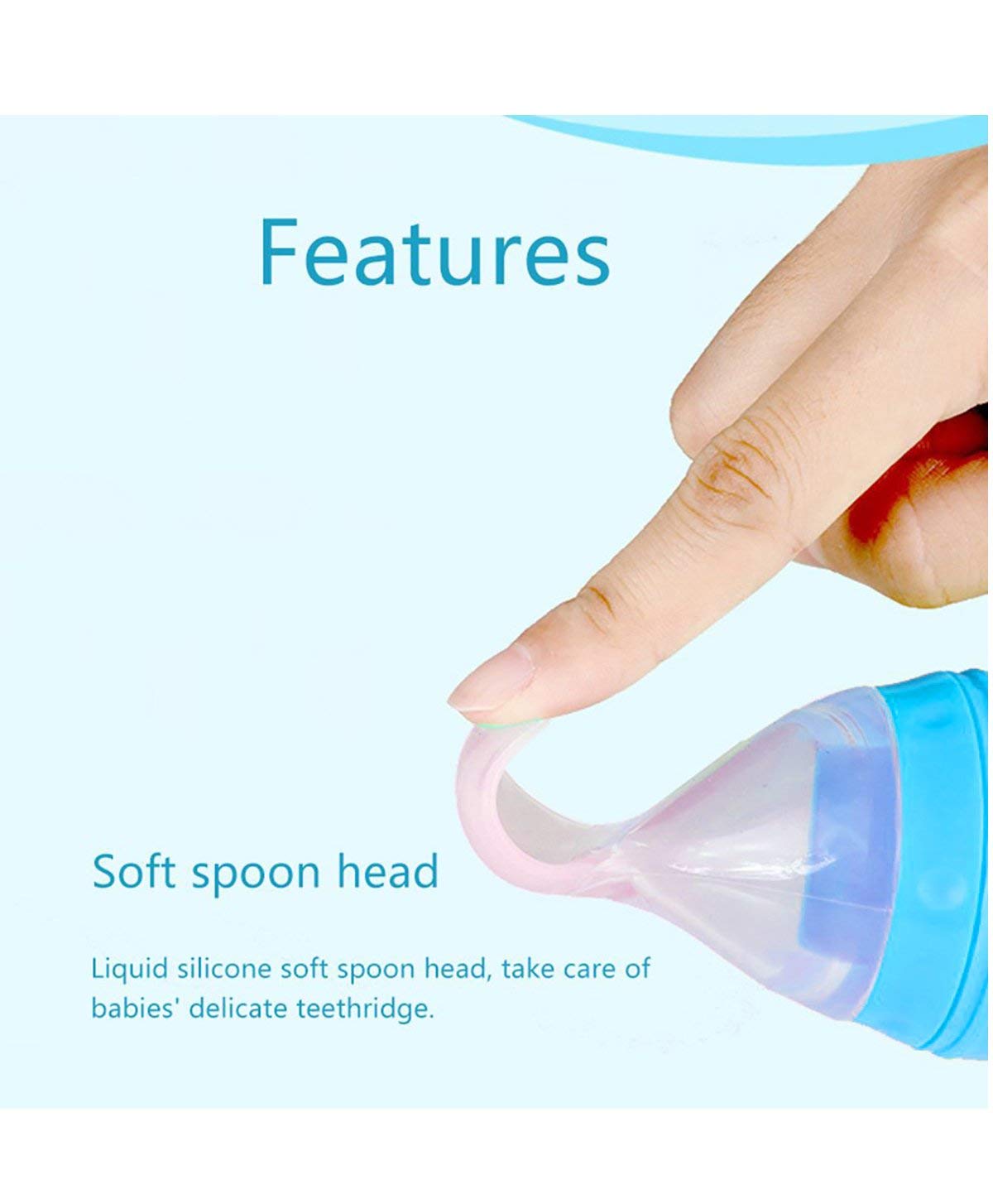 GRAYSEE Baby Safe Silicone Squeeze Fresh Food Feeder Bottle with Food Dispensing Spoon, Infant Food Nibbler Teething Toy Feeding Pacifier, CMB01 Pack of 2 (Blue) - Image 4 thumbnail