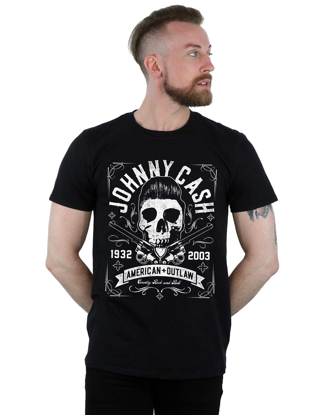 Absolute Cult Johnny Cash Men's American Outline Skull T-Shirt Black Medium