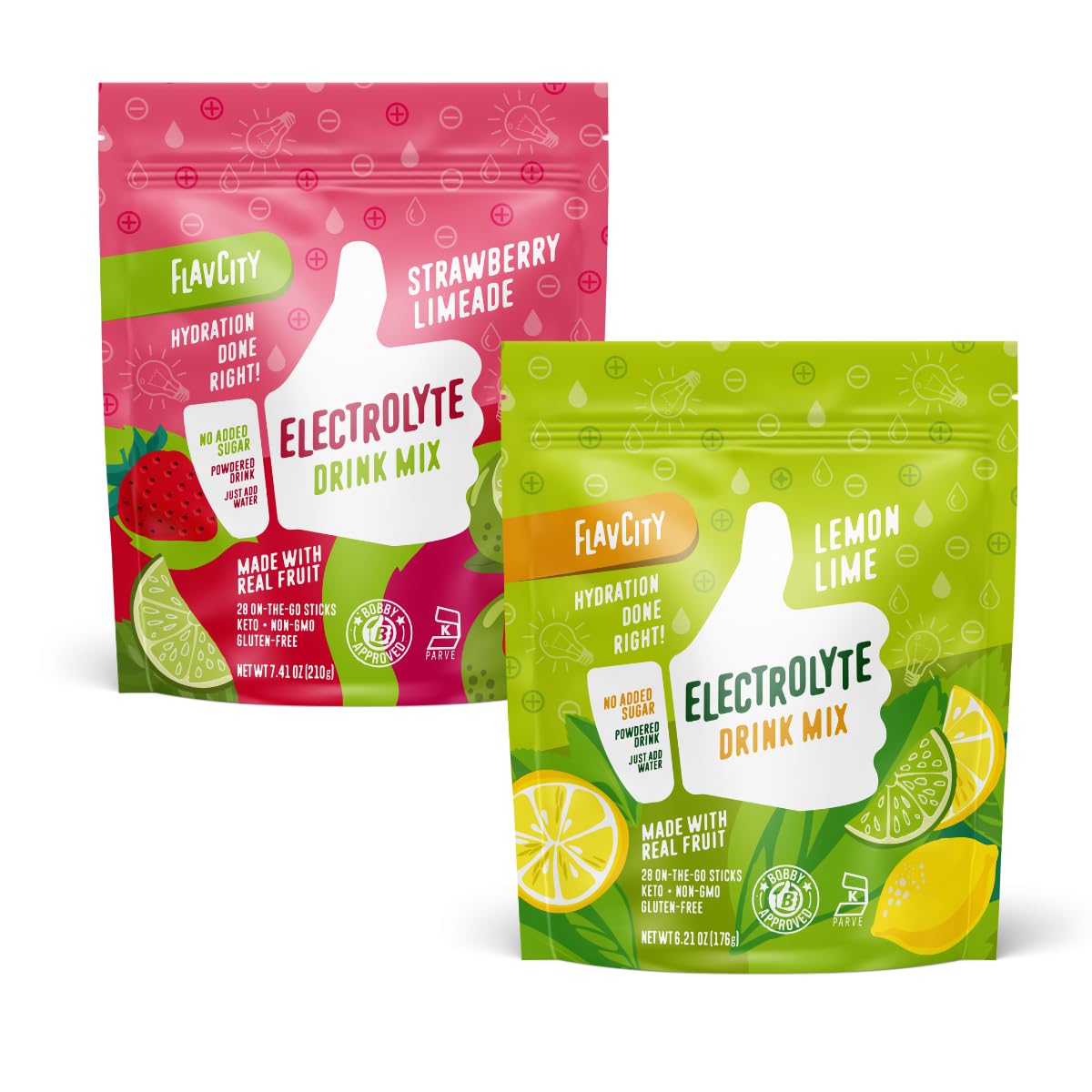 FlavCity Electrolytes Powder Packets Lemon Lime & Strawberry Limeade Bundle - Hydration Powder with Real Fruit & Unrefined Sea Salt - Keto & Gluten-Free (28 Hydration Packets Each)