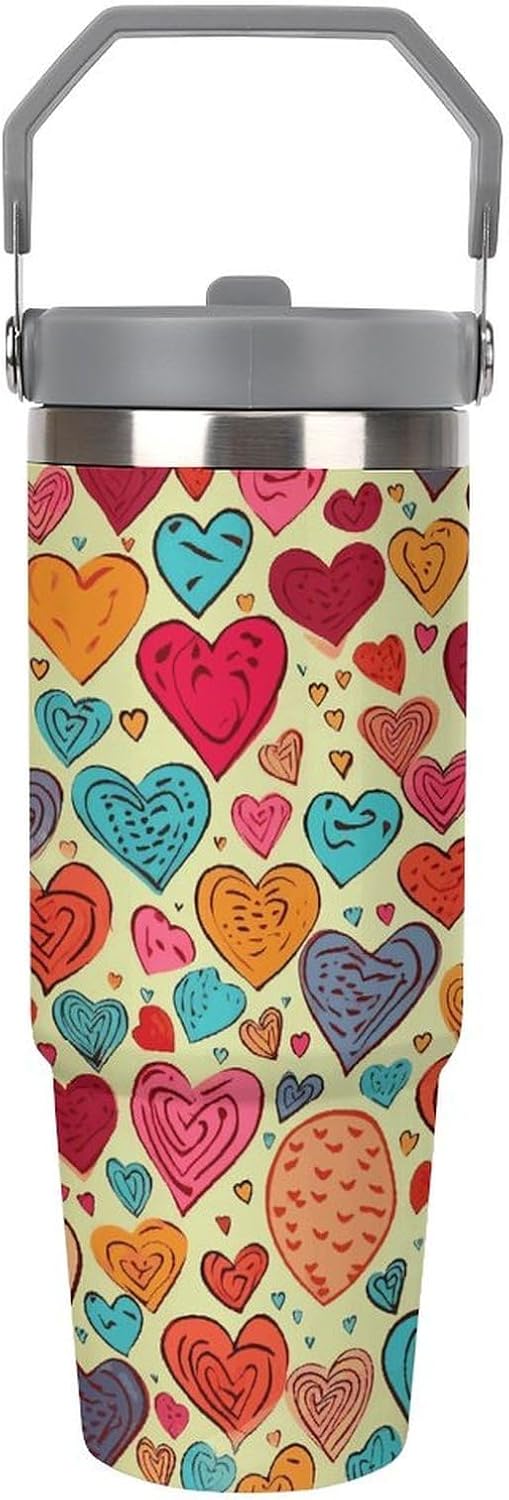 Colorful Heart Pattern Water Bottle 30 Oz Fits Car Cup Holder,Insulated Coffee Mug Large Capacity Car Cups,Stainless Steel Double Wall Sport Bottle for Travel Sports Gym