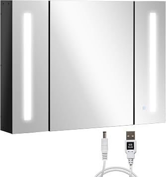 kleankin Wall Mounted Mirror Cabinet,LED Lighted Medicine Cabinet with 3 Doors, Adjustable Shelves, Memory Function and USB Charge, High Gloss Black