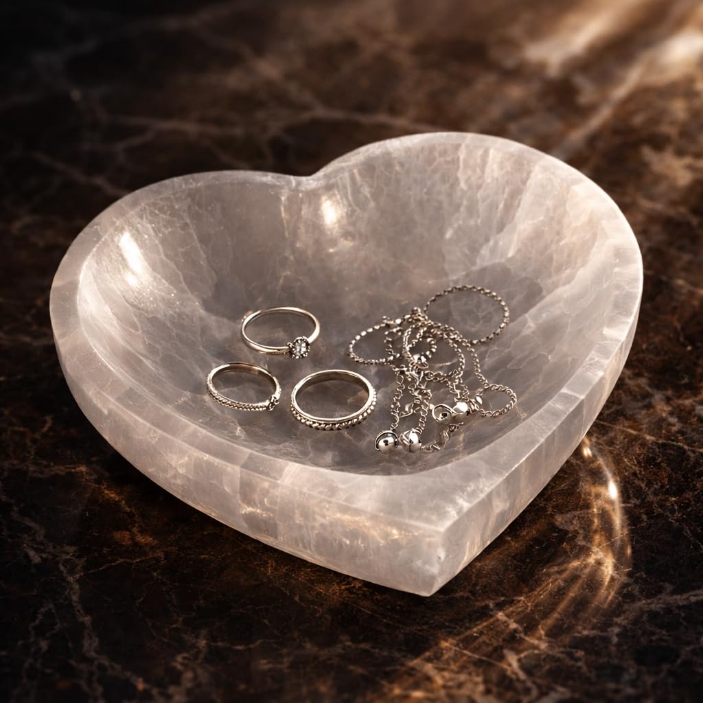 NKlaus 15595 - Cuenco de selenita natural con forma de corazón (10 x 11 cm), diseño de piedras preciosas