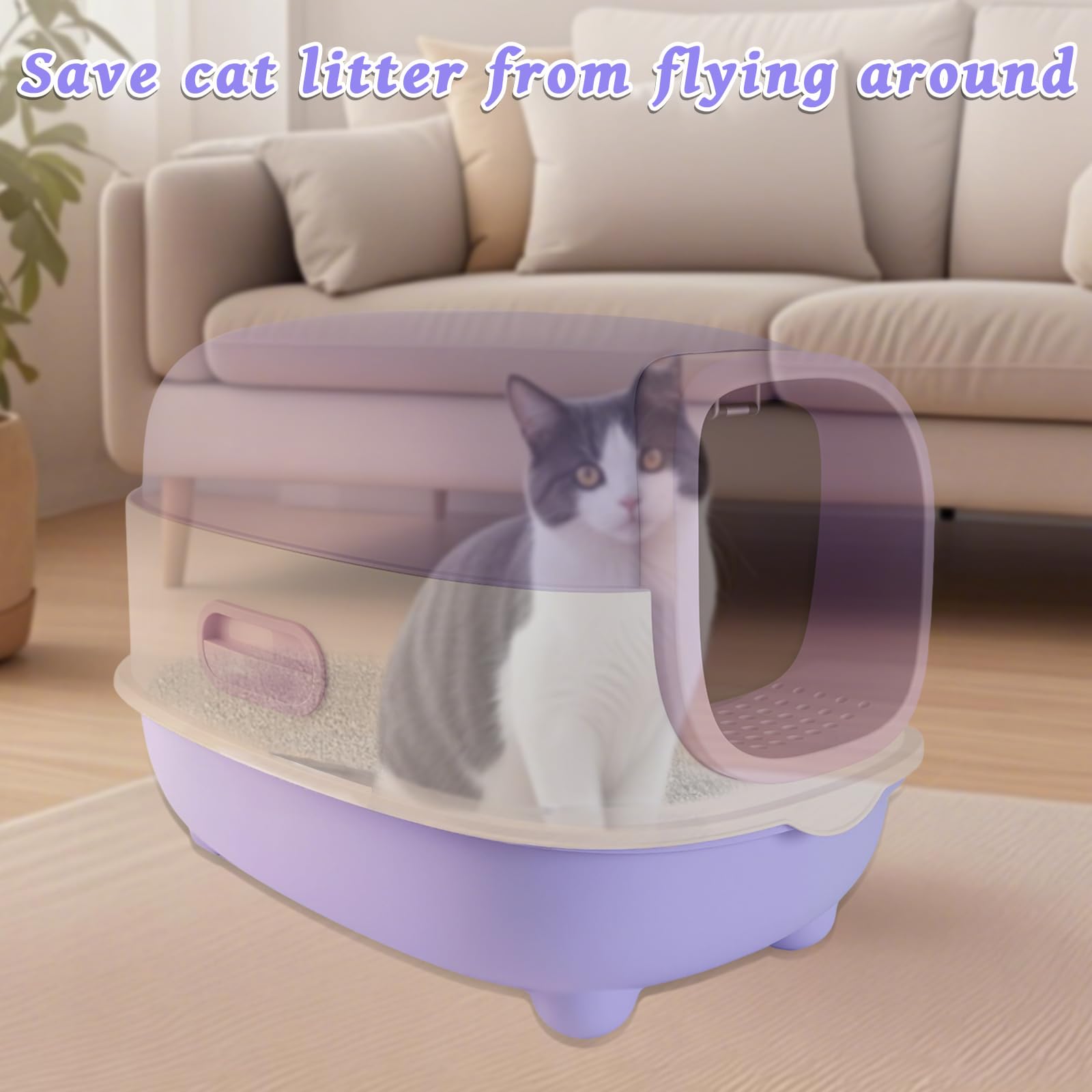 Large Cat Litter Box with Cat Litter Scoop, Foldable Litter Box with Lid, Front Entry and Exit Leak-Proof Litter Cat Box, Odor Control, Easy to Clean (Purple)