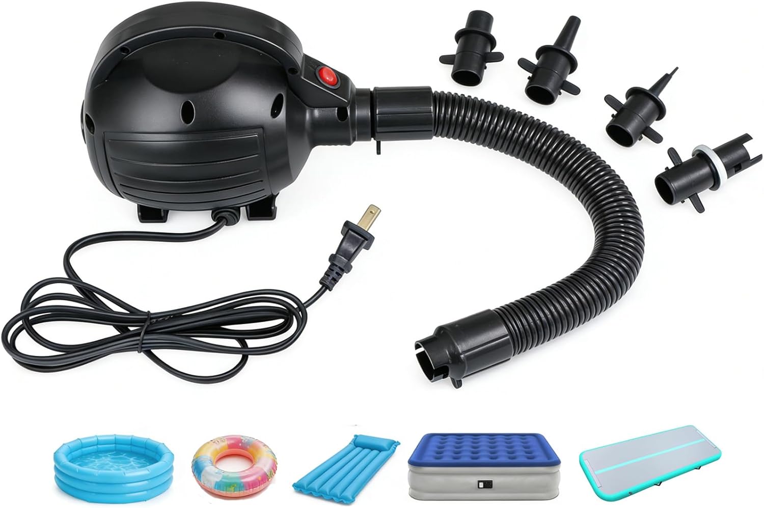 600W Electric Air Pump for Inflatables, Portable Inflator Deflator Air Pump with 4 Nozzles Fits Air Mattress, Pool Floats, Air Bed, Floating Dock