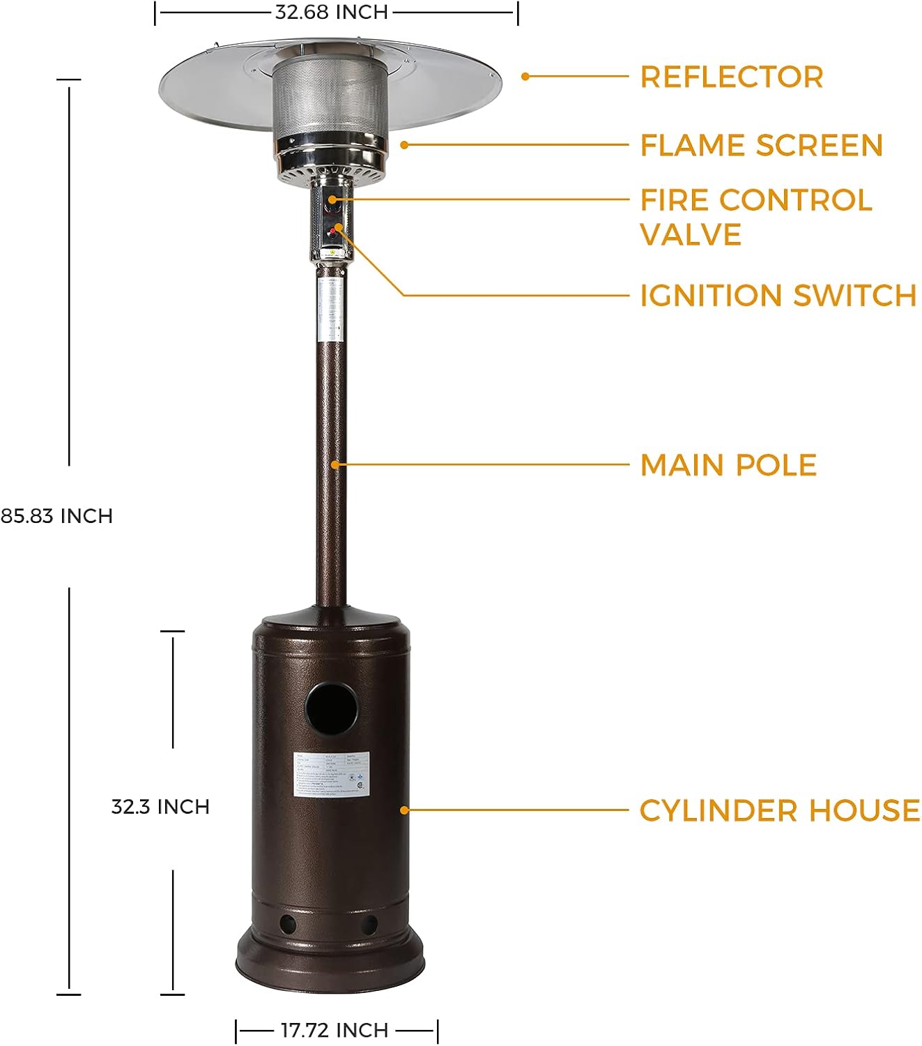 46000BTU Propane Hammered Bronze powder coated Iron Mushroom Outdoor Patio Heater with Two Smooth-rolling Wheels, Hose Set & Black Cover
