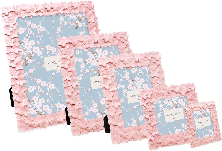 Laura Ashley 8x10 Pink Flower Textured Hand-Crafted Resin Picture Frame with Easel & Hook for Tabletop & Wall Display, Decorative Floral Design Home Décor, Photo Gallery, Art, More (8x10, Pink)