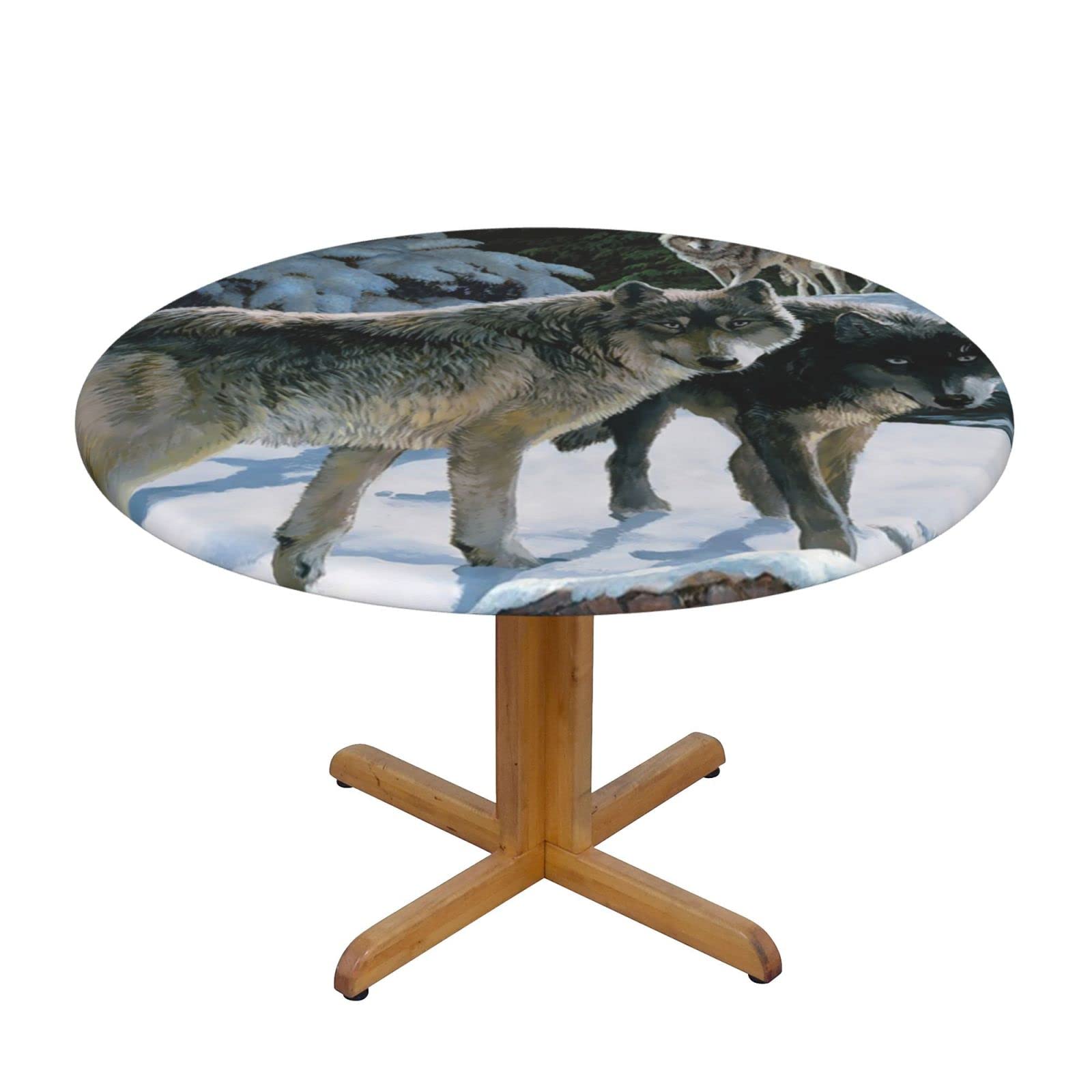 Lsjuee Round Fitted Tablecloth 45-50in Elastic Edged Table Cloth for Kitchen Dining Party Home Decor - Tundra Wolf Snow