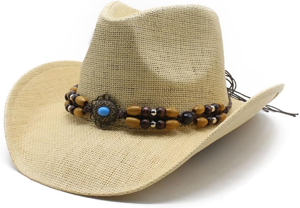 Western Cowboy Hat, Straw Woven, Beaded Band with Turquoise Accent, Beige
