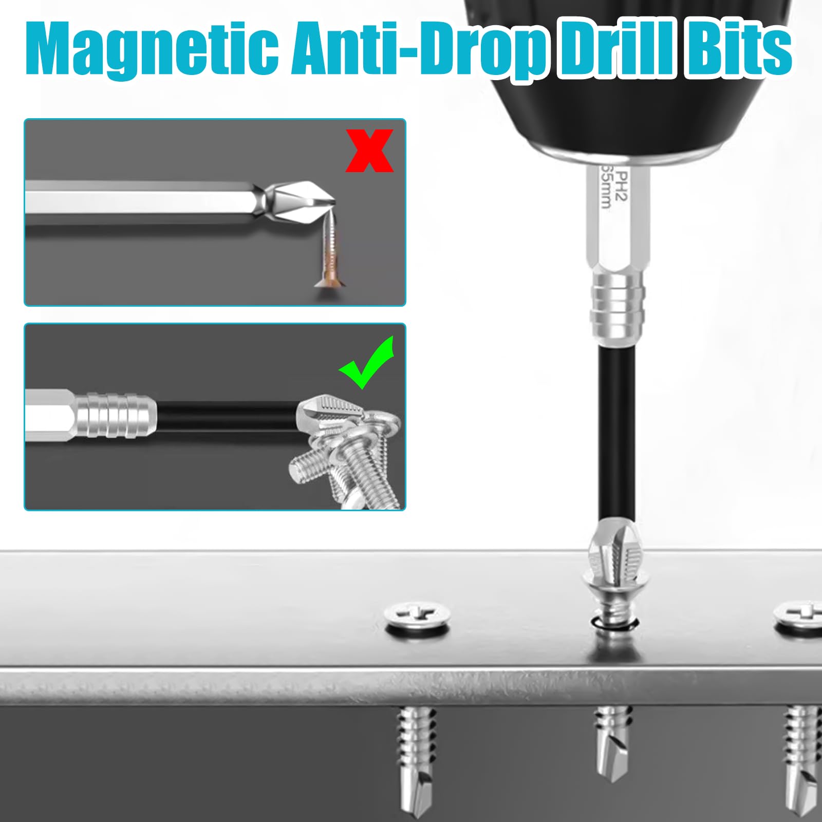9 Piezas Brocas de Destornillador Magnético,Juego Magnética,Brocas Magnética,25-150mm High Magnetic Screwdriver Drill Bit Set,Juego Phillips Antideslizantes,para Taladros Eléctricos