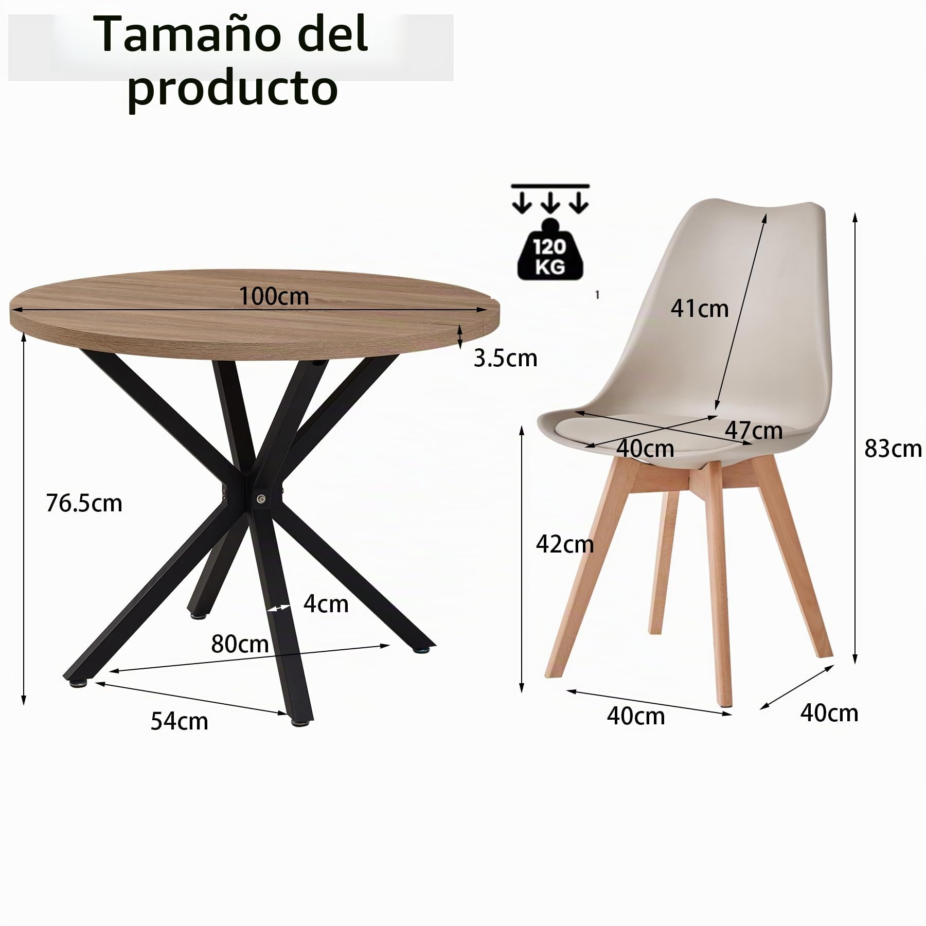 Mesa de Comedor con 4 Sillas, Juego de Comedor, Mesa de Comedor Redonda de Madera de 100 * 100 * 75 cm, 4 Sillas con Respaldo Alto, Patas de Madera de Haya, (Marrón Claro +Caqui)