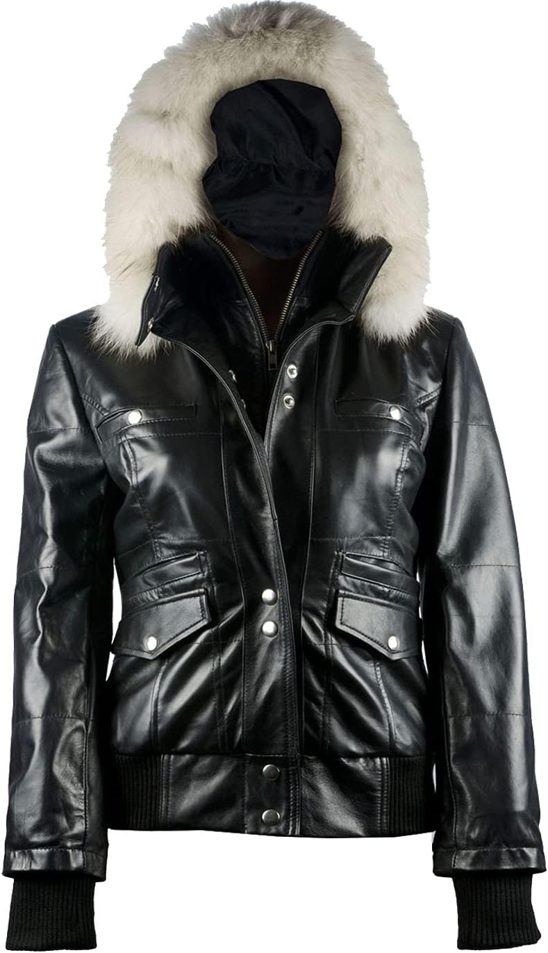 FE- Arctic Black Leather Bomber Jacket Women with Removable Fur Hood - Stylish Biker Design