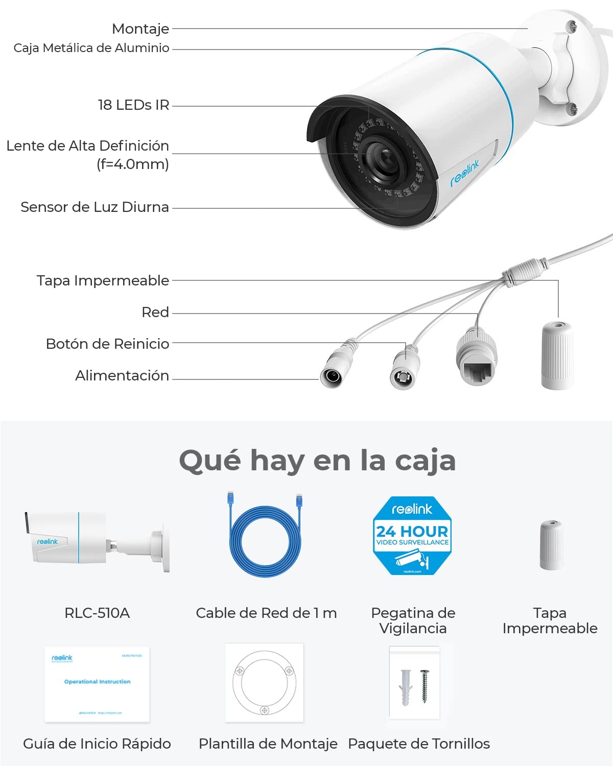Reolink 5MP Camara Vigilancia PoE Camara Seguridad Exterior con Detección de Personas/Vehículos, Visión Nocturna, Bala con Ranura para Tarjeta SD RLC-510A Camara vigilancia