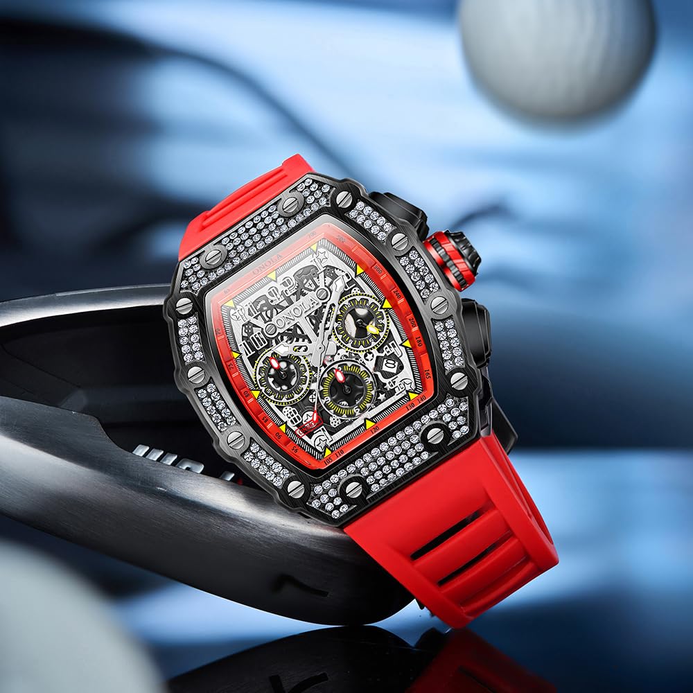Mens Bling Punk Diamond Cronógrafo Relojes Moda Estilo Silicona Banda Deportes Reloj De Pulsera Reloj Rojo Multicolor