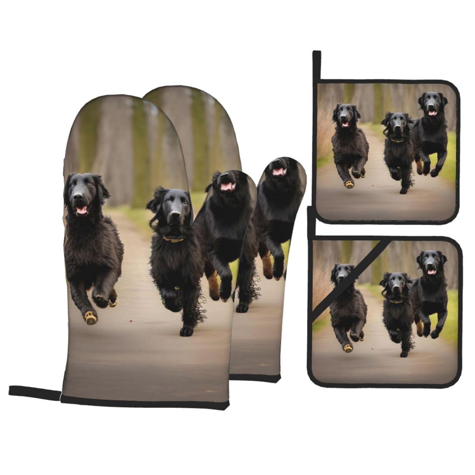 Trotting Flat Coated Retrievers Paw Print 4-Piece Oven Microwaving Set Kitchen Gloves for Holiday Cooking Baking Grilling